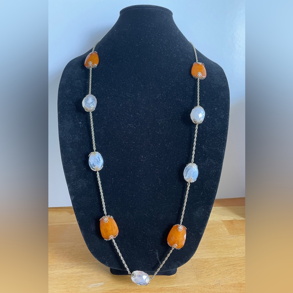 Vintage Avon Silver Plated Rope Chain with Orange and White Acrylic Beads
